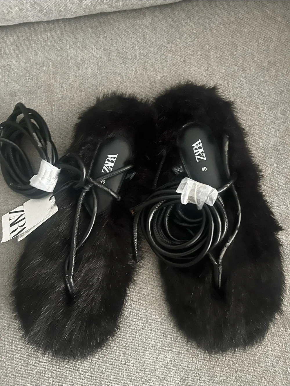 Zara Black Faux-Fur Lace-Up Sandals with Wrap Straps - Picture 4 of 5